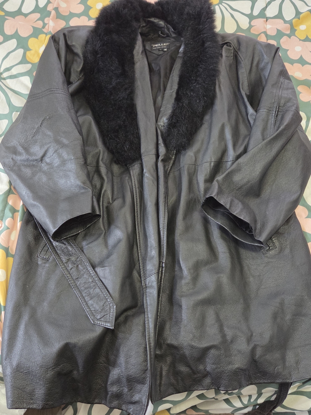 Elle Black Leather Coat with Black Faux Fur Collar